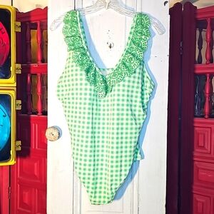 Lands' End Womens Checked Green White Eyelet Ruffled One Piece Swimsuit 16W
